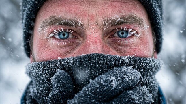 Man with frozen eyelashes and scarf covering face in extreme cold weather