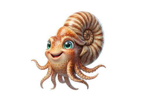 Cute cartoon nautilus with spiral shell and green eyes