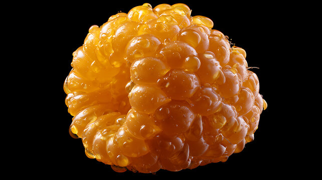 Golden raspberry fruit glistens with water droplets against a black background