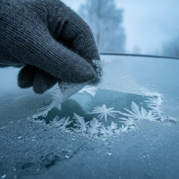 Gloved hand scraping frost and ice crystals from a car windshield on a cold winter day