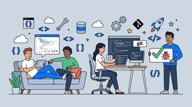 Software Development Team Vector Illustration with Programmers Coding Tech Icons and Bug Fixing