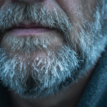 Close-up of a man's frozen beard and mustache covered in ice crystals and frost in cold weather