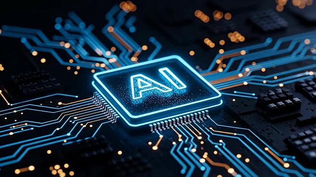 Floating ai chip animation on illuminated circuit board background with glowing blue highlights with smoothly over detailed blue lighting effects moving smoothly video glowing