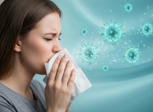 Young woman sneezing into a tissue with virus particles spreading in the air, illustrating cold or allergy symptoms