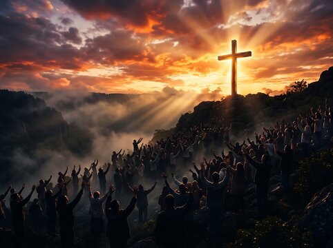A large crowd of people worshiping with raised hands toward a glowing cross on a mountain hilltop