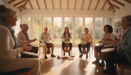 Obraz premium Diverse group of seniors and a young woman playing djembe drums in a bright, sunlit room with large windows