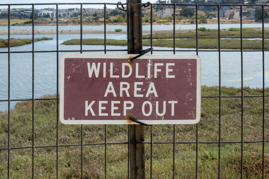 wildlife area signA brown metal sign with white text reading "WILDLIFE AREA KEEP OUT" is mounted on a wire fence overlooking a wetland area.