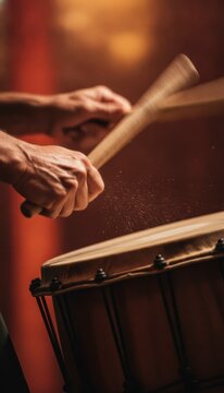 Close-up of hands playing a drum with drumsticks, creating dust particles in warm light