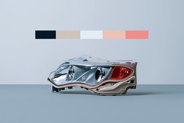 Fototapeta premium Modern automotive headlamp assembly with a polished polycarbonate cover and red signal, isolated on a grey surface for a vehicle repair catalog