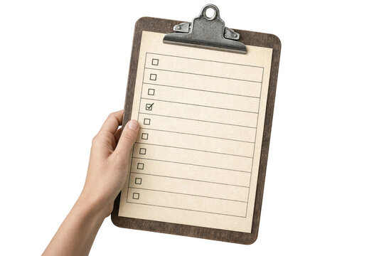 Hand holding a vintage clipboard with checkboxes and a tick  