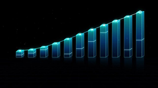 Abstract glowing cyan 3D bar chart and upward trend line on a dark grid background. Business financial growth and corporate success motion graphics loop.