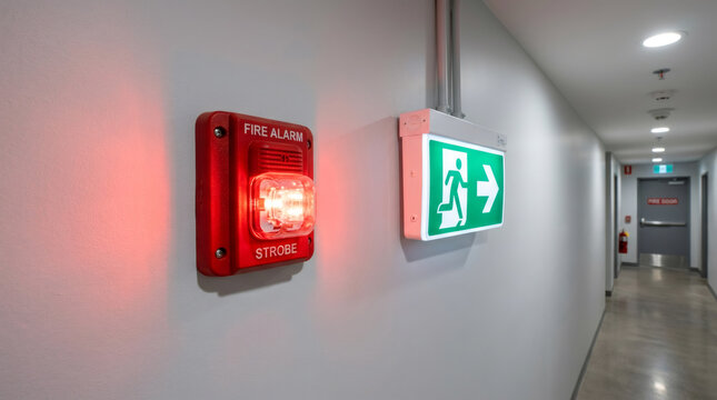 Fire alarm strobe light and illuminated green exit sign mounted on a modern office hallway wall