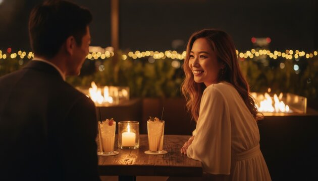 Smiling woman on a romantic date with a man at a rooftop restaurant with fire pits at night