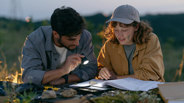 Gem cutter couple outdoors at dusk flagging an uncut stone anomaly under portable lighting a smudge of polish on one cheek as opera libretto pages flutter open beside their