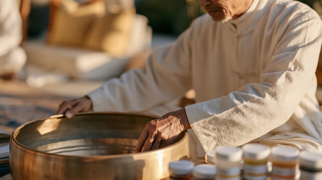 An elderly sound healing practitioner under golden hour light reaching into the narrow interior of a large wooden tongue drum to retrieve a buzzing sympathetic rattle, a stack of