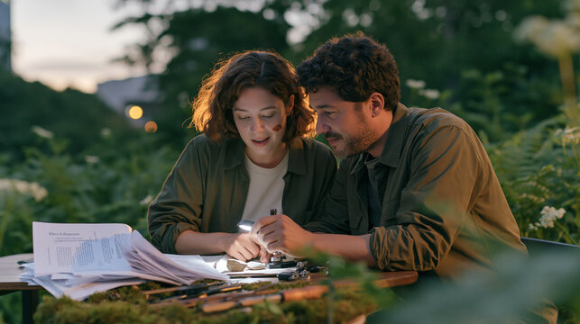 Gem cutter couple outdoors at dusk flagging an uncut stone anomaly under portable lighting a smudge of polish on one cheek as opera libretto pages flutter open beside their