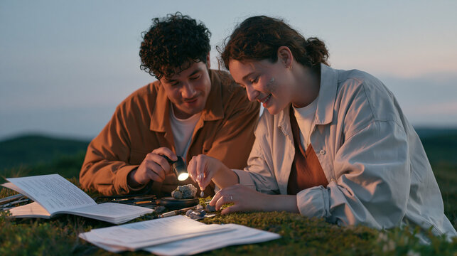Gem cutter couple outdoors at dusk flagging an uncut stone anomaly under portable lighting a smudge of polish on one cheek as opera libretto pages flutter open beside their
