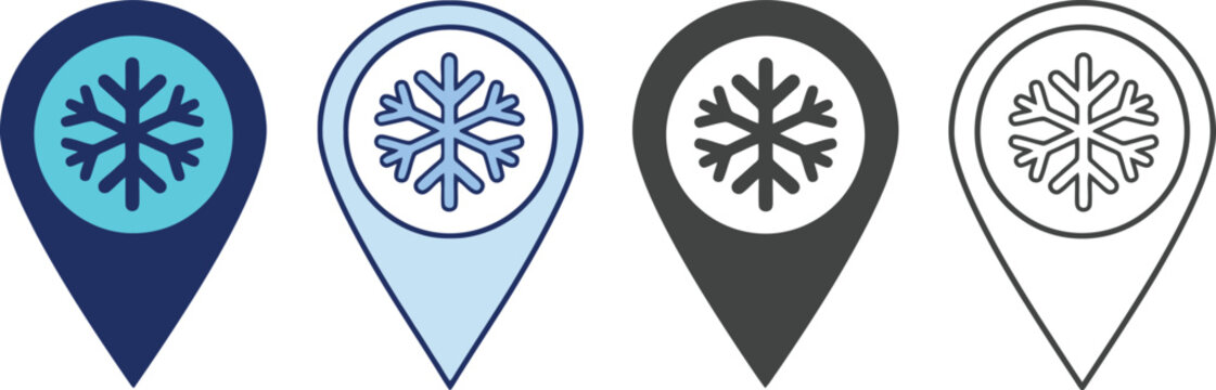 Snowflake Map Pin Location Icons Set Vector for Winter Travel Apps, Weather Forecasting Maps & Ski Resort Navigation (EPS)