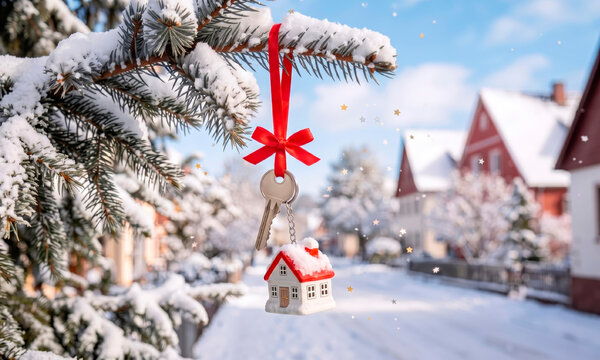 A guest house-shaped keychain on a red ribbon hanging from a spruce branch against a winter residential street.