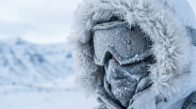 Close-up of a person in a white fur-lined winter coat and snow-covered goggles in a cold, snowy landscape