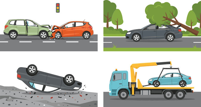 Car Accident and Tow Truck Service Vector Set with Auto Road Collision Fallen Tree Crash Rollover and Vehicle Recovery Illustrations