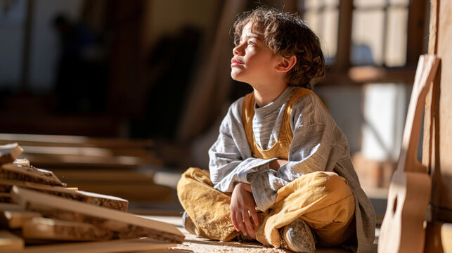 A child sitting on a modest home floor gazing up at a pile of sawn spruce offcuts destined to become a ukulele soundboard, sawdust catching afternoon window light beside a half