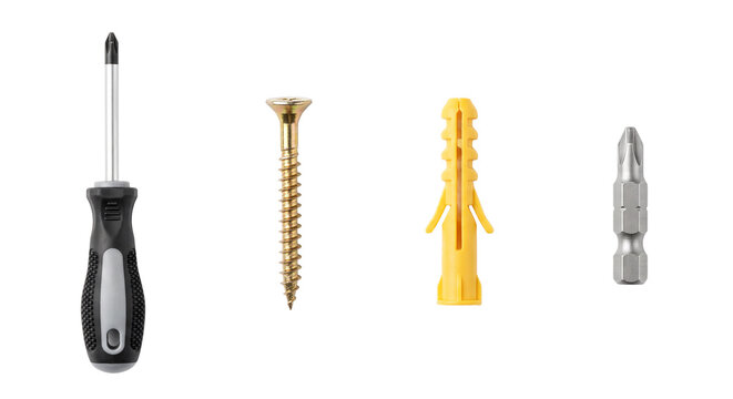 Phillips head screwdriver and metal screw with plastic anchor and bits set isolated on transparent background for home hardware repairs.