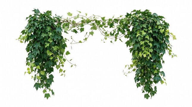 Vibrant green hanging ivy vines forming natural floral frame arch isolated on clear white background.