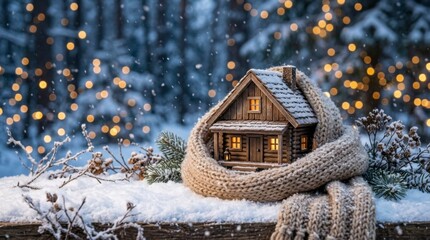Fototapeta premium Cozy miniature wooden house wrapped in a warm knitted scarf during a snowy winter night with glowing bokeh lights