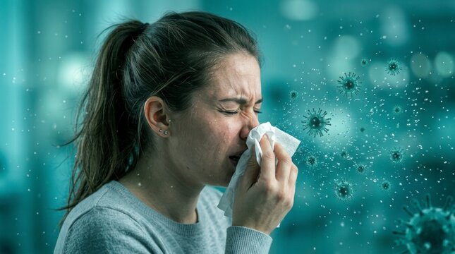 Woman sneezing into a tissue with virus particles in the air
