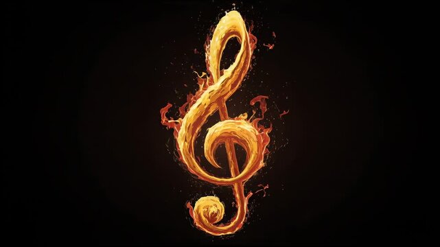Flame treble clef symbol with sparks and fire on a black background