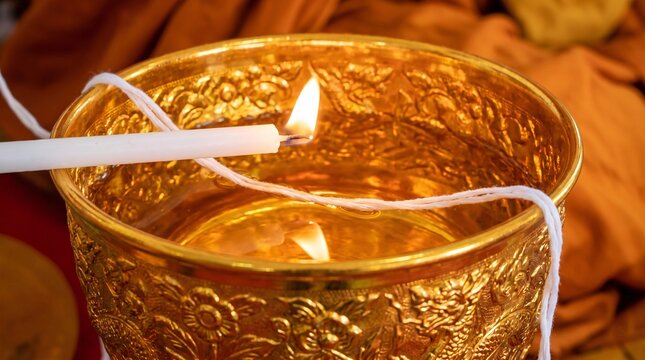 Traditional golden metal bowl filled with holy water and burning white candle for Buddhist blessing.