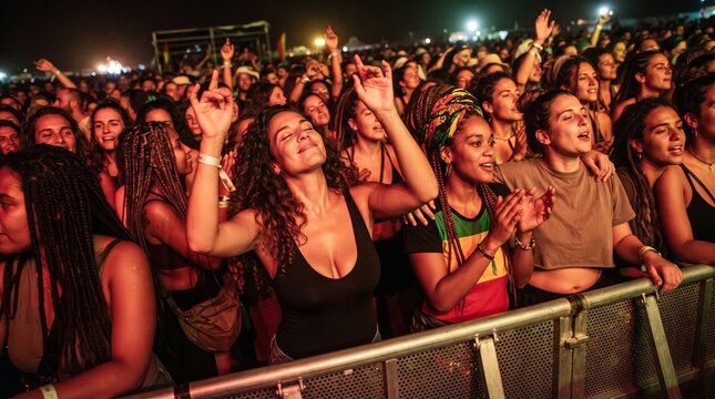 Vibrant Live Reggae Concert Atmosphere and Audience  Banner. Diverse Crowd Dancing and Cheering at Outdoor Reggae Music Festival