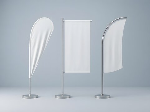Three blank white advertising flags mockup on silver stands against a light gray background