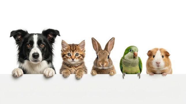 Various pets including a dog, cat, rabbit, parrot, and guinea pig peeking on white.