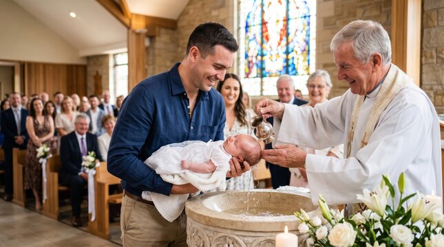 Priest baptizing baby held by happy father at stone baptismal font in church. Family and guests watching christening ceremony. Religious sacrament, faith and family tradition concept.