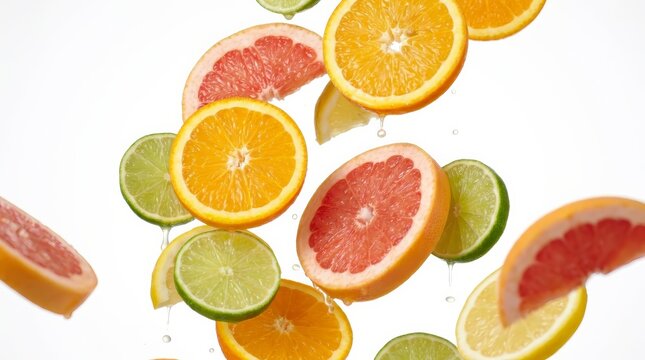Vibrant slices of grapefruit, orange, lime, and lemon falling on white.