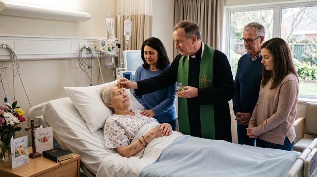 Priest giving last rites to elderly woman patient lying in hospital bed while family praying nearby. Anointing of the sick sacrament in hospital ward. Faith, compassion and spiritual care concept.