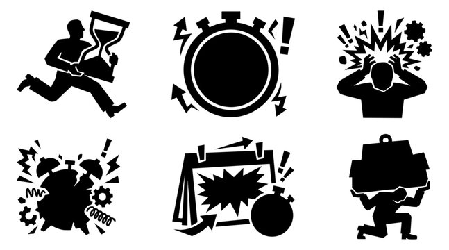 Time pressure and explosive project deadline icon set. Grotesque vector silhouettes of clock explosion, stopwatch panic, and mental load.
