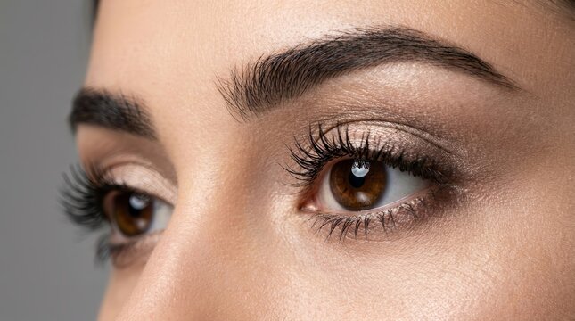 Extreme closeup of young woman's eyes and eyebrows with elegant makeup