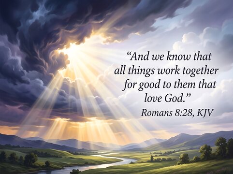 Inspirational scenic landscape with rays of sunlight breaking through dark storm clouds featuring a bible verse quote