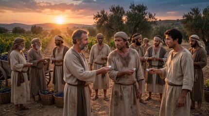 Plakat Landowner paying silver coins to vineyard workers at sunset. Biblical parable of workers in vineyard. Group of men in ancient robes receiving wages after grape