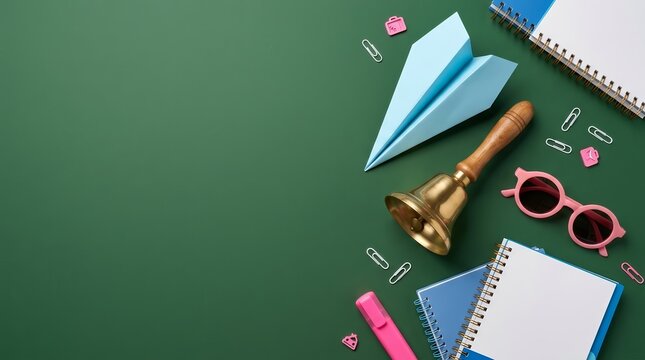 Back to school or school holidays background featuring a golden bell, paper plane, and stationery on green.