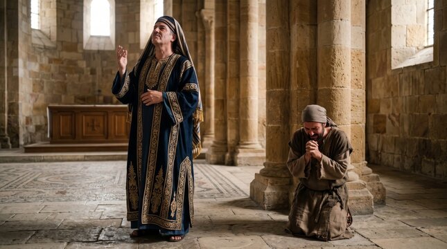 Pharisee and tax collector parable scene in ancient temple. Proud man in rich robe praying and humble beggar kneeling in repentance. Biblical story of humility, faith and