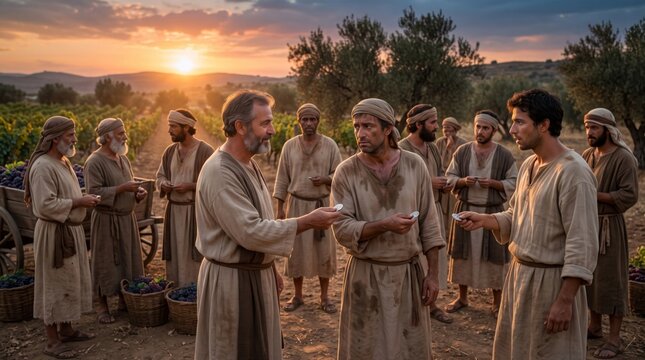 Landowner paying silver coins to vineyard workers at sunset. Biblical parable of workers in vineyard. Group of men in ancient robes receiving wages after grape