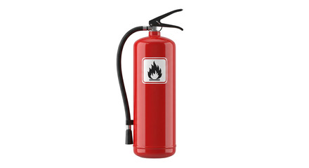 Obraz premium Red fire extinguisher cylinder with black hose and flame safety label isolated on transparent background for emergency preparedness.