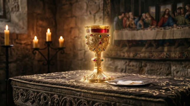 Golden chalice with red wine and communion bread on altar in ancient church. Holy grail glowing with candles and last supper painting on