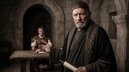 Obraz premium Old bearded man in ancient robe holding scroll standing in stone castle hall with roman soldier sitting at wooden table behind. Biblical trial and judgement