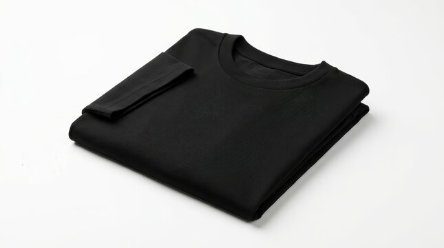Top view of a black crew neck t-shirt folded and isolated.