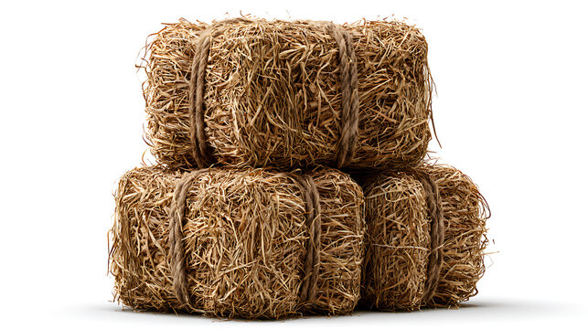 Stacked hay bales tied with twine are isolated on a white background